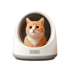 Self-cleaning cat litter box with orange tabby cat inside, on transparent background