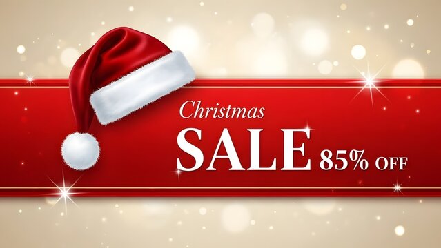 Festive christmas sale banner design featuring a classic santa hat resting on a bright red ribbon with sparkling light effect and 85 percent off promotion text