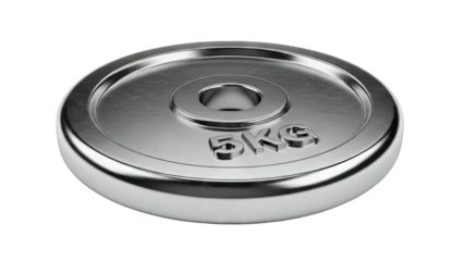 Single Silver 5kg Weight Plate with Circular Hole and Embossed Text Reflecting Light on Transparent Background for Fitness and Weightlifting Concepts