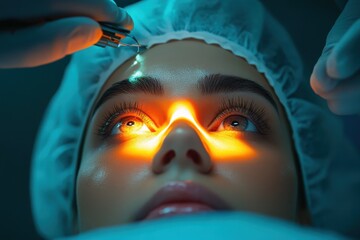 Patient undergoes laser eye surgery in a clinical setting with advanced technology and focused medical staff during a precise procedure