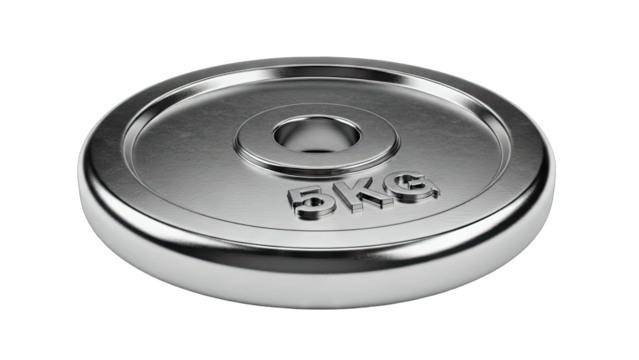 Single Silver 5kg Weight Plate with Circular Hole and Embossed Text Reflecting Light on Transparent Background for Fitness and Weightlifting Concepts