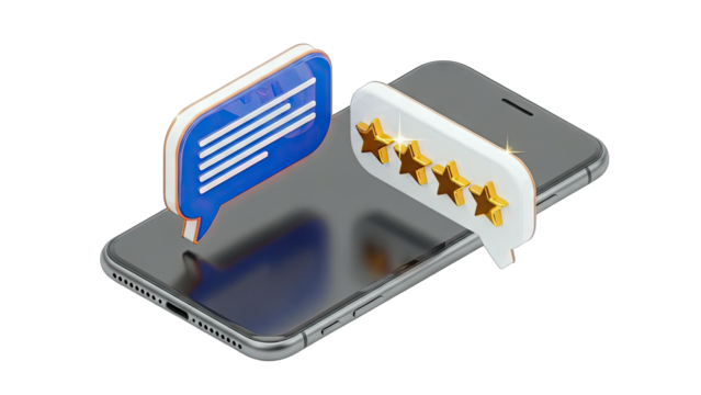 Smartphone Displaying Five Star Rating With Chat Bubbles On A White Background Representing Customer Feedback And Satisfaction