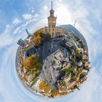Aerial view of a captivating urban panorama showing the tower and buildings, with the TV tower in the distance, Tbilisi, Tbilisi, Georgia.