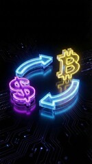 Neon glowing dollar and bitcoin symbols connected by curved arrows on a dark circuit board background, symbolizing cryptocurrency exchange and digital finance.