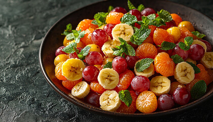 Fresh fruit bowl on rustic wooden table, gourmet snack generated by AI
