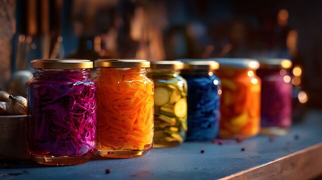 Colorful jars of fermented vegetables lined up on a rustic kitchen shelf