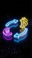 Neon glowing euro and bitcoin symbols connected by blue curved arrows on a futuristic circuit board background, representing cryptocurrency and digital currency exchange.