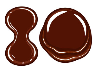 Two glossy dollops of rich melted chocolate, one shaped like a sleek hourglass and the other a round puddle, shimmer with bright white reflections against a clean background