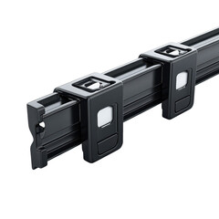 Black plastic rail track connector for industrial or construction use, on transparent background