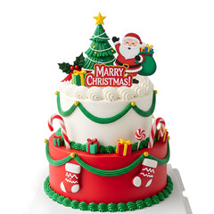 Two tier christmas cake with santa claus and tree decorations isolated on transparent background