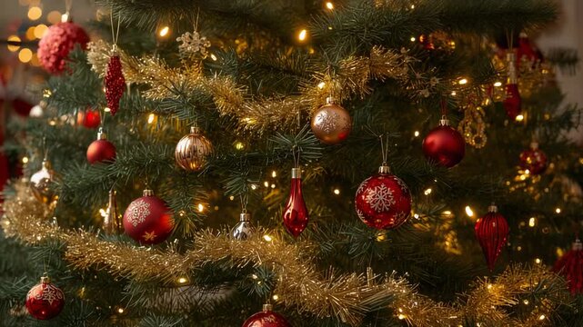 Twinkling string lights causing reflections on Christmas tree filling living room with red baubles