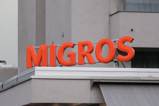 Lugano,Switzerland-Sep.30th 2025: Migros company brand logo 