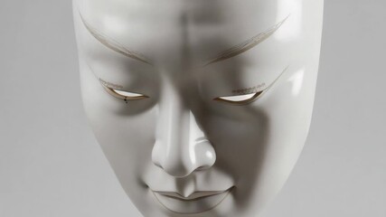 Pulling back, camera revealing white Noh mask at studio, revealing gold rims and bead shifting - Powered by Adobe