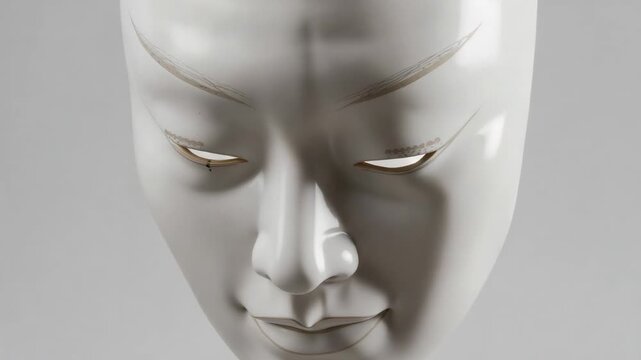 Pulling back, camera revealing white Noh mask at studio, revealing gold rims and bead shifting