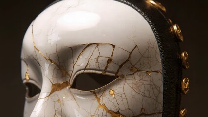 Panning camera revealing gold seams on mask in studio to highlight leather rim with gold studs - Powered by Adobe