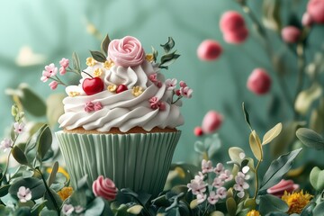 Decorated cupcake adorned with flowers and cherries set against a serene green background full of delicate plants and colors