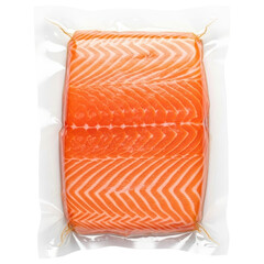 Fresh raw salmon fillet in vacuum sealed plastic packaging on transparent background