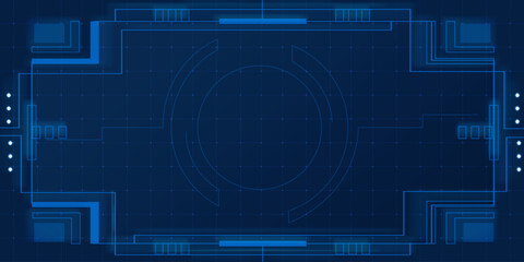 Naklejka na ściany i meble HUD frame UI tech design for cyberpunk game interface. Futuristic screen overlay with digital elements and holographic borders. Modern technology display for sci fi gaming, VR applications and space.