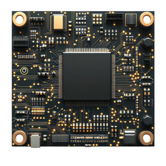Microchip circuit board with electronic components for technology and hardware design, on transparent background