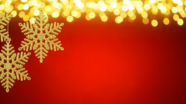Glittering golden snowflake ornaments hang against a vibrant red background with a top border of warm, glowing bokeh lights, perfect for a festive holiday design
