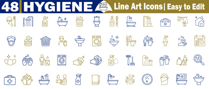 Hygiene line art icons. Easy to edit vector illustration for health care and personal cleaning elements. 
