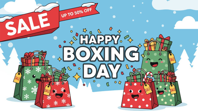 Happy boxing day sale promotion with cute shopping bags. - Powered by Adobe