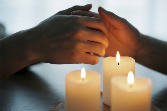 Two hands gently touching above lit candles in a soft, intimate setting