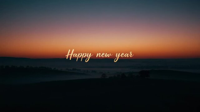 Glowing cursive Happy new year text responding to rising sun light over rolling farmland, with mist