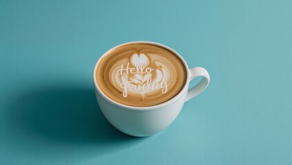 "Hello Friday" Written in Coffee Foam, Minimalist Blue Background, Start of Weekend Concept