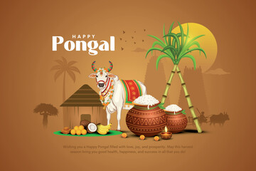 Vector illustration of Happy Pongal Holiday Harvest Festival of Tamil Nadu South India greeting vector background © RMAKE