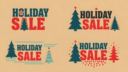 Collection of four vintage style holiday sale typographic designs featuring christmas tree elements and bold text on a light brown background for seasonal promotion