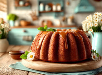 Deliciouse chocolate cake with caramel on top, wooden plate and blurred kitchen background 