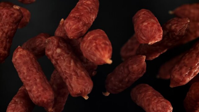 Mini salami fly and fall on a black background. Filmed on a high-speed camera at 1000 fps. High quality FullHD footage