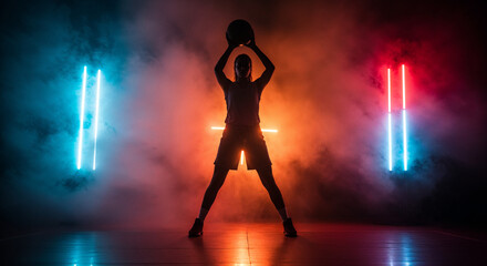 Obraz premium Silhouetted baller steps through neon-lit court smoke