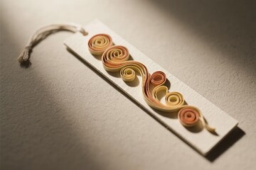 Handcrafted paper quilling bookmark with spiral designs on a white card