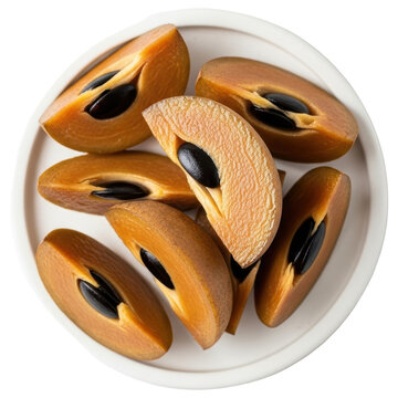 Freshly cut ripe sapodilla fruit slices with black seeds arranged on a white plate on transparent background