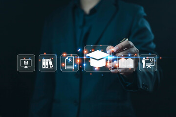 A person interacting with digital education icons representing online learning, courses, certification, training materials, modern e-learning systems for innovative remote study and skill development.