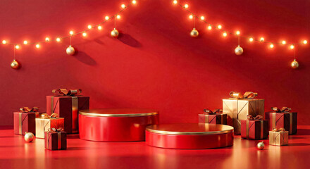 Christmas product podium background with golden gift boxes and festive lights
