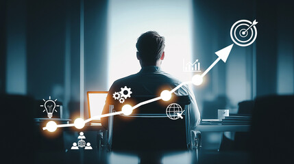 Business growth concept with man facing rising graph and strategic success icons.