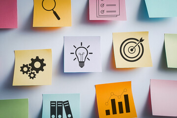 Sticky notes showing ideas, planning, goals and creative business concepts.