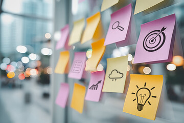 Sticky notes showing ideas, planning, goals and creative business concepts.