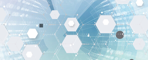 Futuristic molecule science background with hexagons, DNA strands, connected neural web