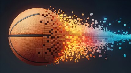 Basketball Fragmenting into Luminous Digital Pixels Mid-Air – Great for technology, dynamic motion, or digital art concepts.
