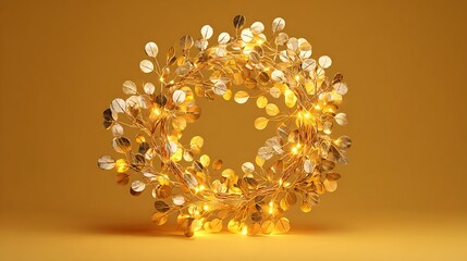 Elegant golden wreath with delicate leaves and warm glowing lights on a matching golden background