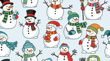 Colorful cartoon snowmen with accessories on light blue background, pattern