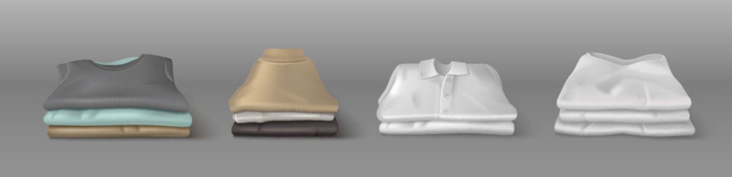 Folded cloth garments stack in realistic 3d style - clean shirt piles with textured fabric, laundry collection. Vector illustration of organized wardrobe elements for household and clothing design.
