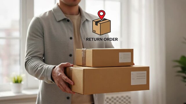 Person holding packages by sunny window with glowing return order icon, ecommerce growth, digital retail, fast order return