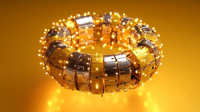 Golden and silver torus with glowing lights on a yellow background creating a futuristic tech aesthetic