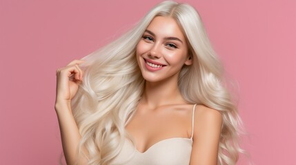 Naklejka premium A young woman with long, flowing blonde hair shares a bright smile, showcasing confidence and charm. The soft pink background adds a touch of warmth and playfulness to the moment
