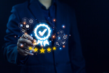 A business professional presenting a digital quality certification icon with five-star rating, highlighting concepts of certification, customer satisfaction, reliability, performance evaluation.
